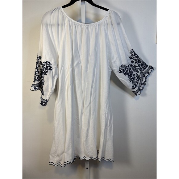 Chic Connection Embroidered Lined Dress/Tunic Sz XL Boho Hippie Artsy White/Blue - Picture 6 of 6
